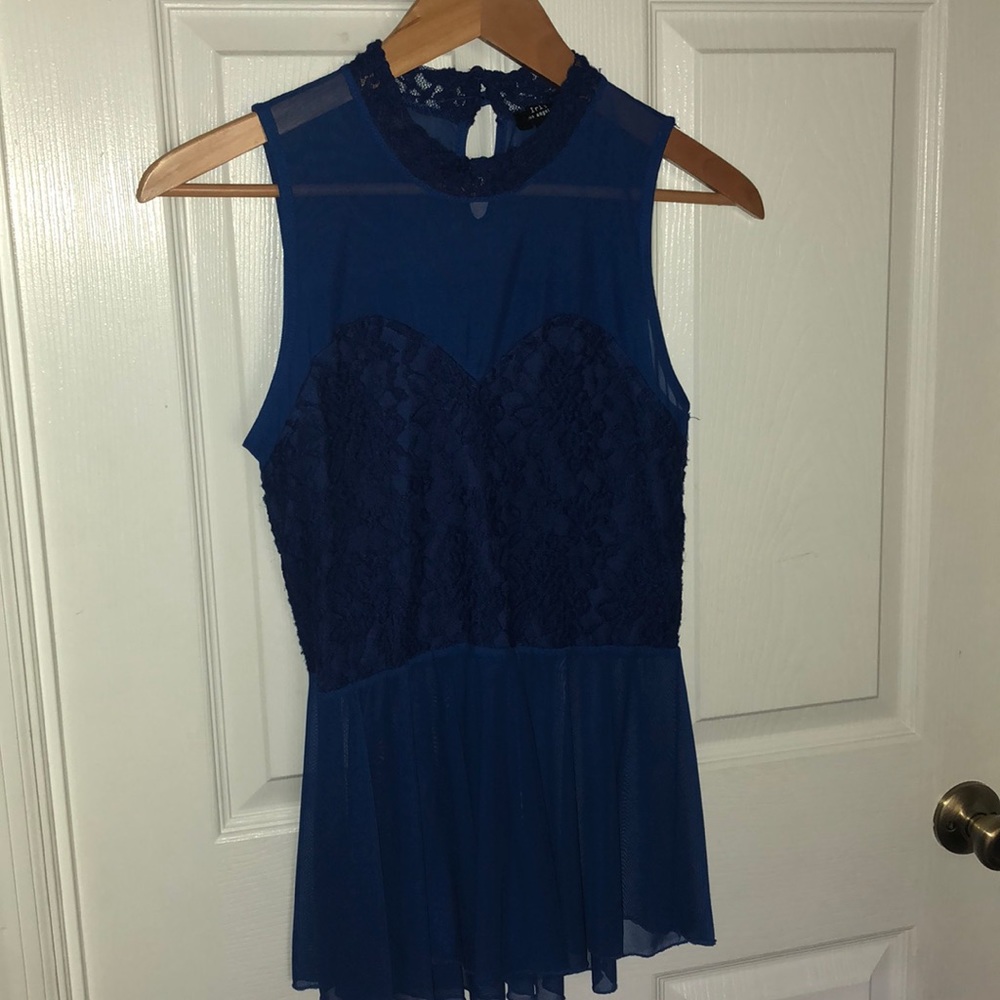 High-neck dark blue lace fit-&-flare shirt